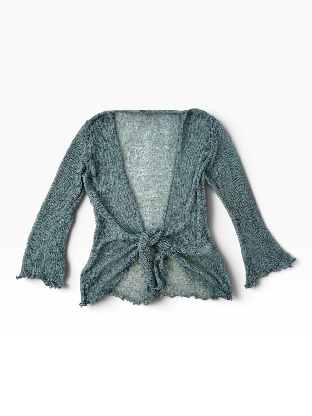 Y2K Whimsygoth Fairy Open Knit Mesh Gauze Indie Cardigan in Muted Seafoam Blue